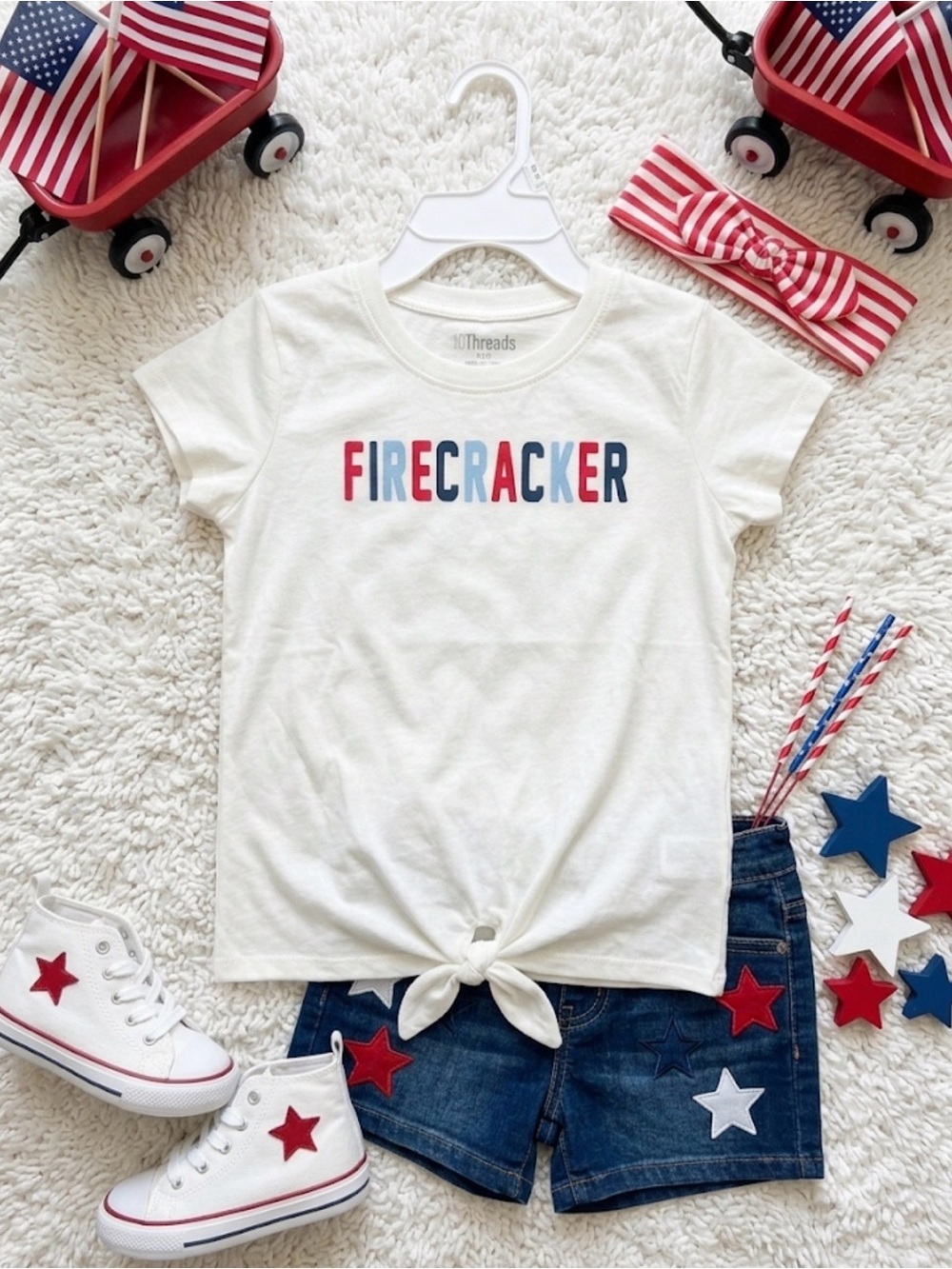 Kids 'Firecracker' White Tee - Patriotic Graphic Shirt With Headband